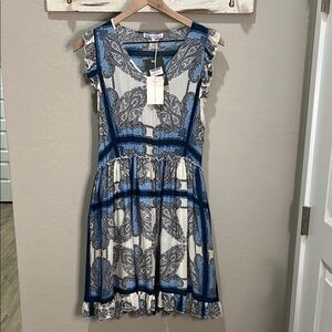 Paul & Joe Dress Blue & White V-Neck Ruffle Flutter Karla Paisley Cottagecore